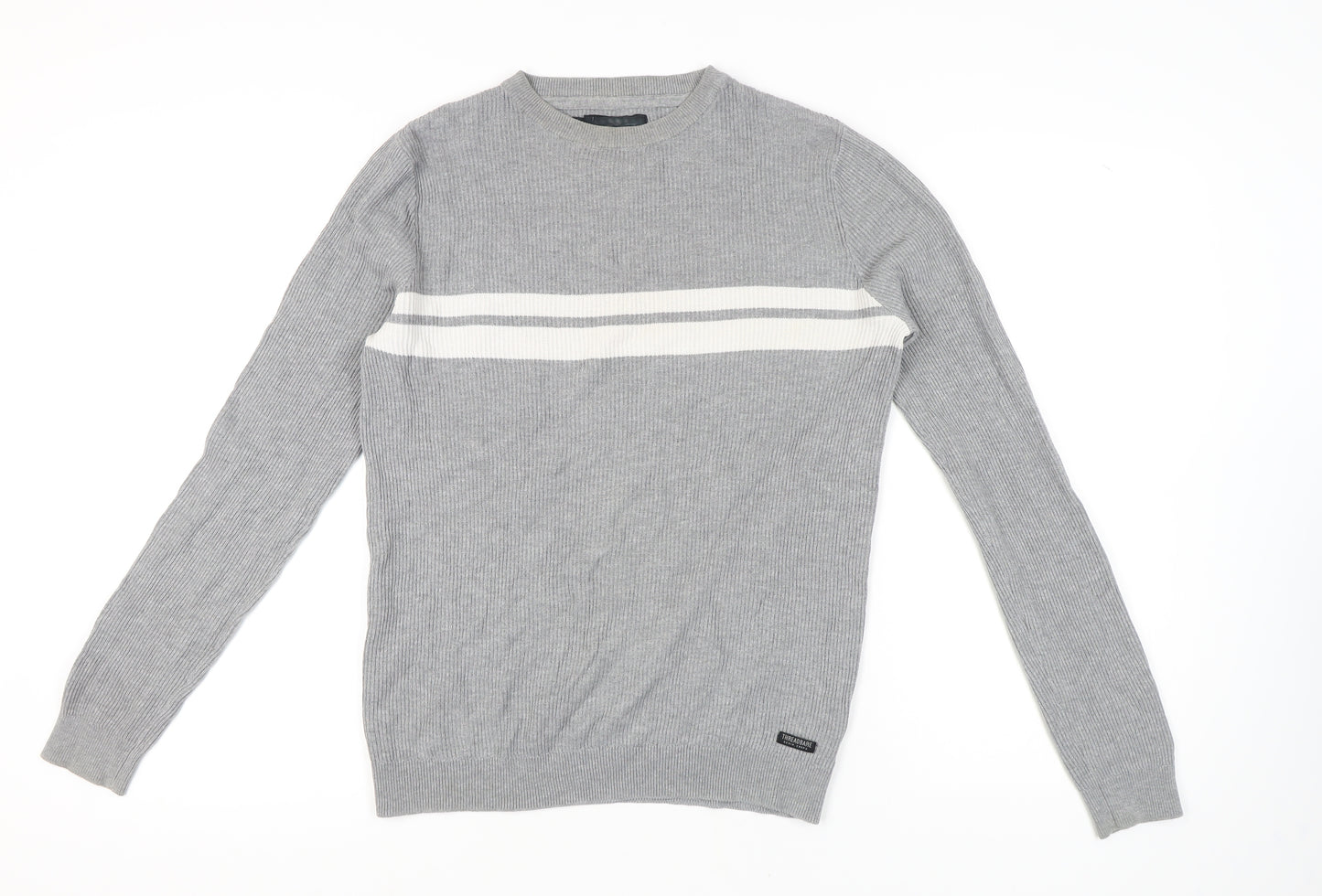 Threadbare Men's Grey Striped Pullover Jumper, Size S