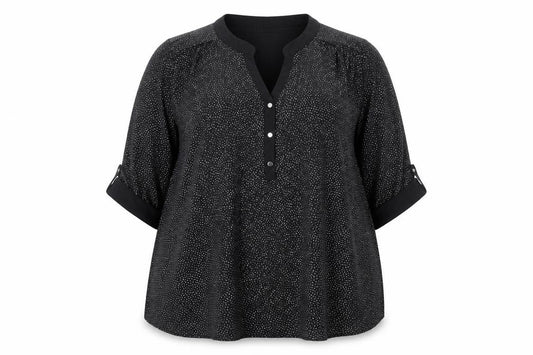Front view of Roman Women's Black Blouse, size 20, 3/4 Sleeve, Button Accent