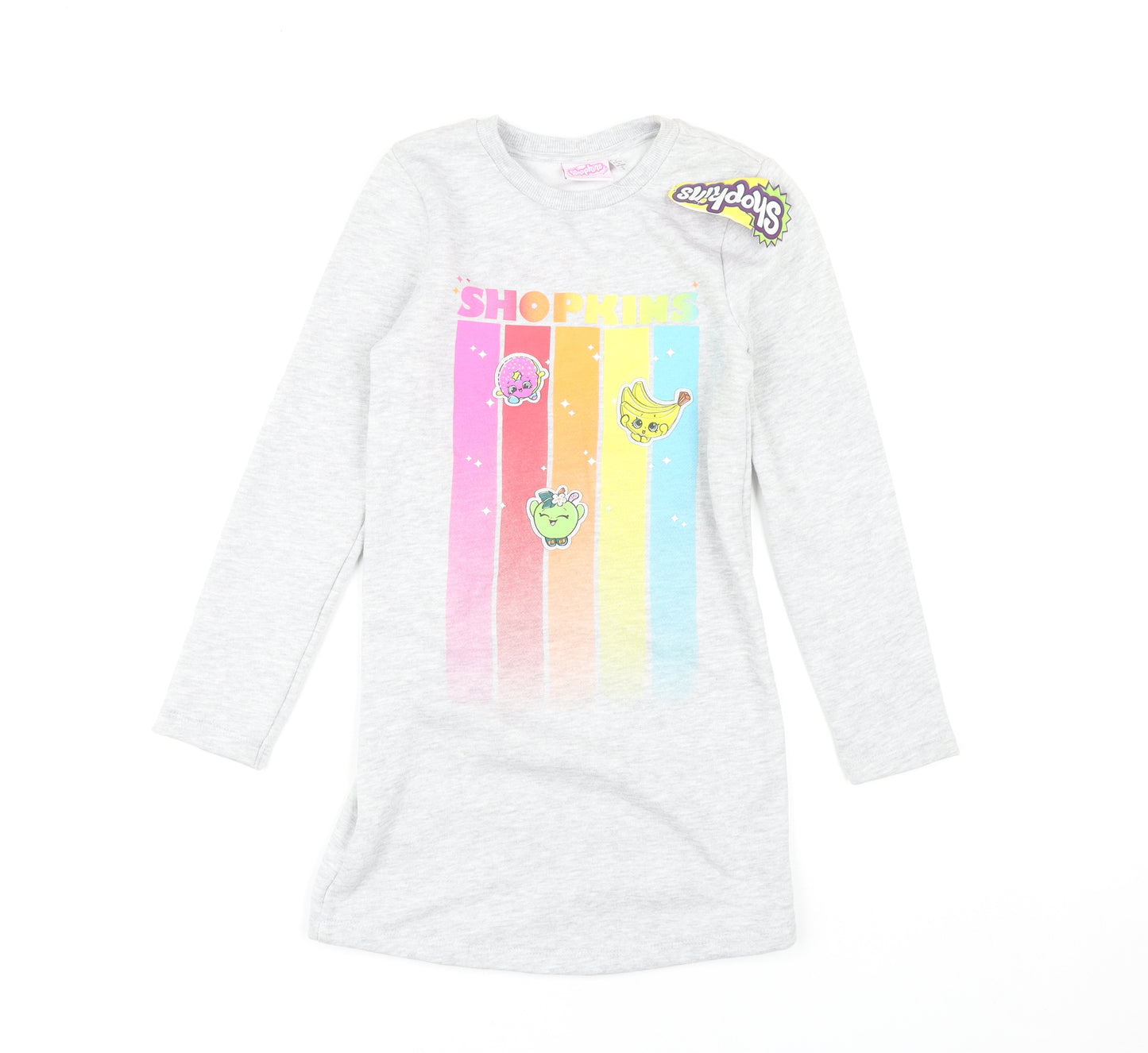 Shopkins Girls Grey Multicoloured Long Sleeve Dress, Size 9-10 Years