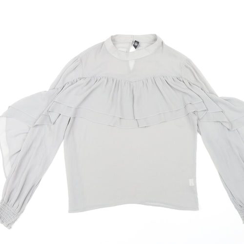 Missguided Women’s Grey Ruffle Blouse, Size 12, High Neck