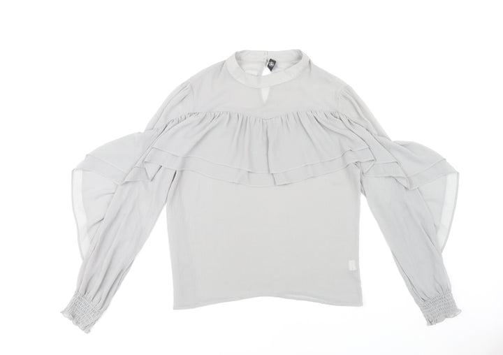 Missguided Women’s Grey Ruffle Blouse, Size 12, High Neck