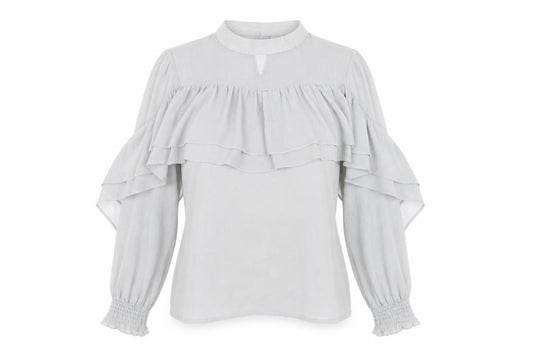 Front view of Missguided Women’s Grey Ruffle Blouse, size UK 12, High Neck