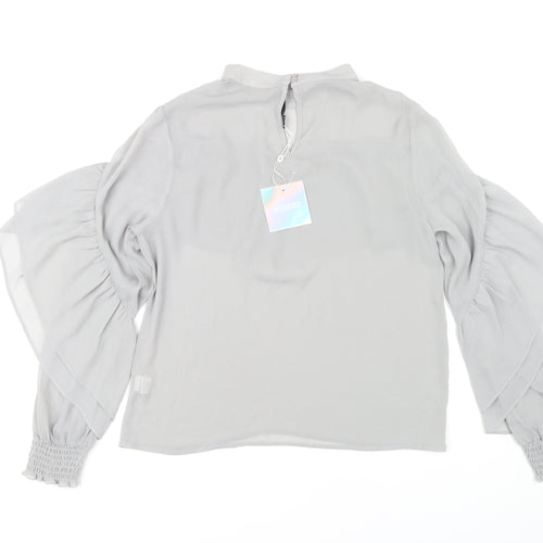 Missguided Women’s Grey Ruffle Blouse, Size 12, High Neck