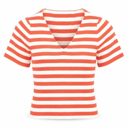 Matalan Women's Red Striped V-Neck Cropped T-Shirt Size 16
