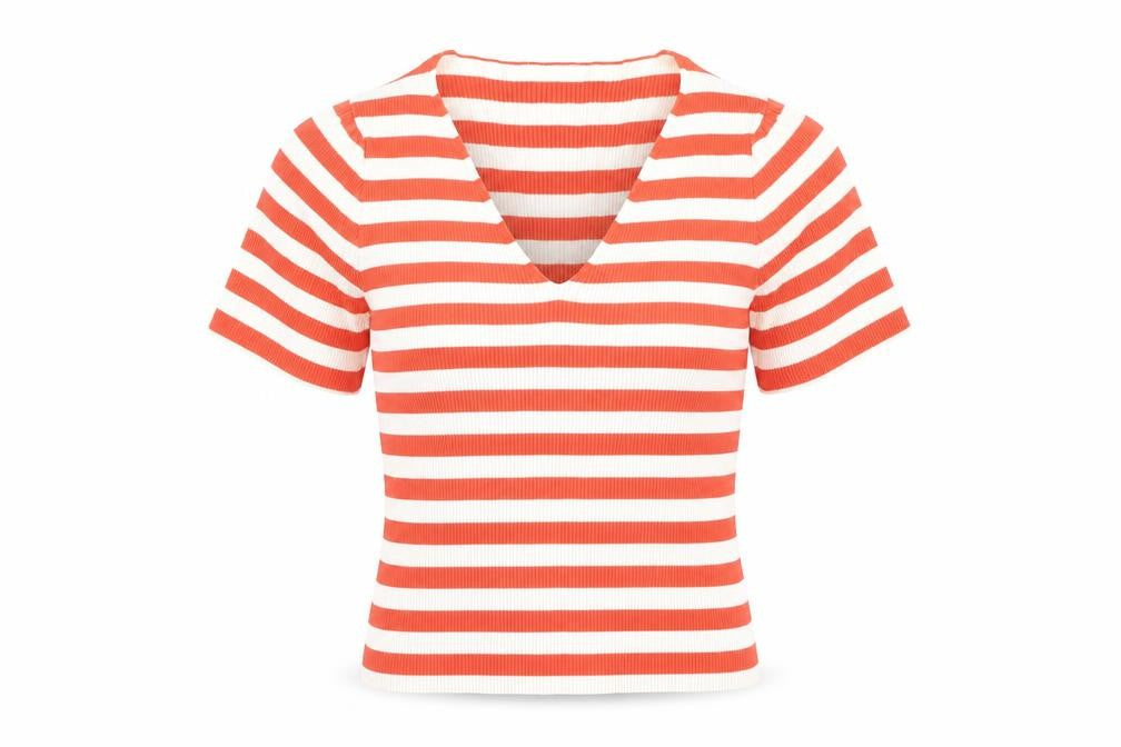 Matalan Women's Red Striped V-Neck Cropped T-Shirt Size 16