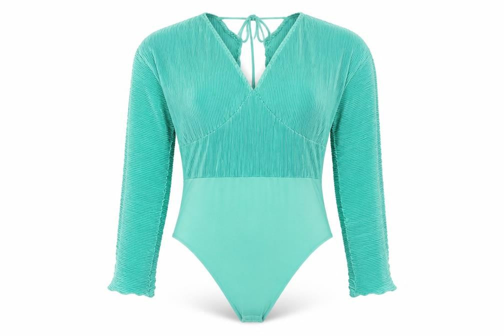 Front view of Boohoo Women's Green Plus Size Bodysuit, UK 26