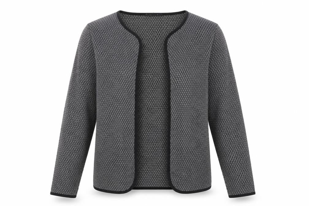 Front view of Only Women's Grey Open Front Cardigan L, Geometric Design
