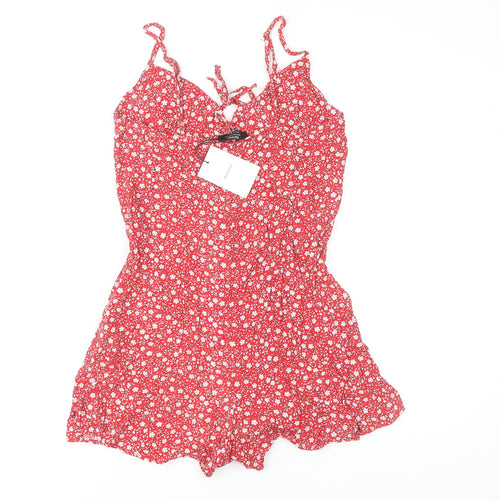 Bershka Women's Red Floral Playsuit, Size 12