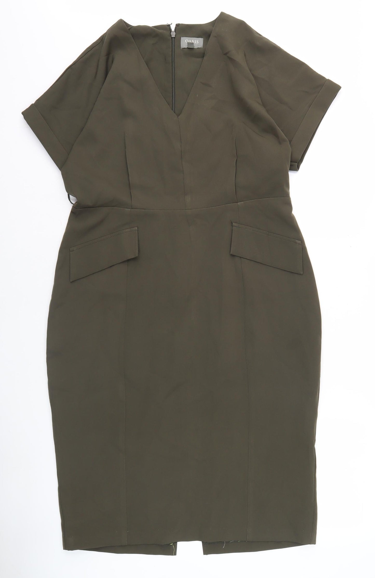 Oasis Women's Green V-Neck Sheath Dress, Size 14