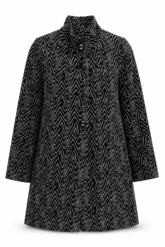Front view of Roman Women's Black Geometric Buttoned Coat M