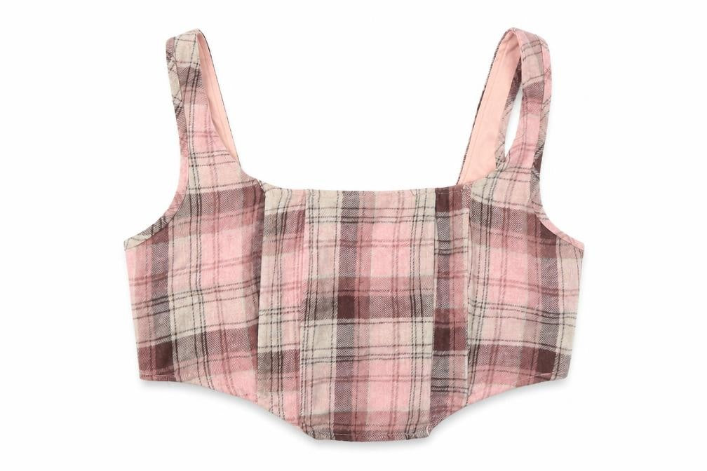Front view of Missguided Women's Pink Plaid Cropped Tank - UK 14