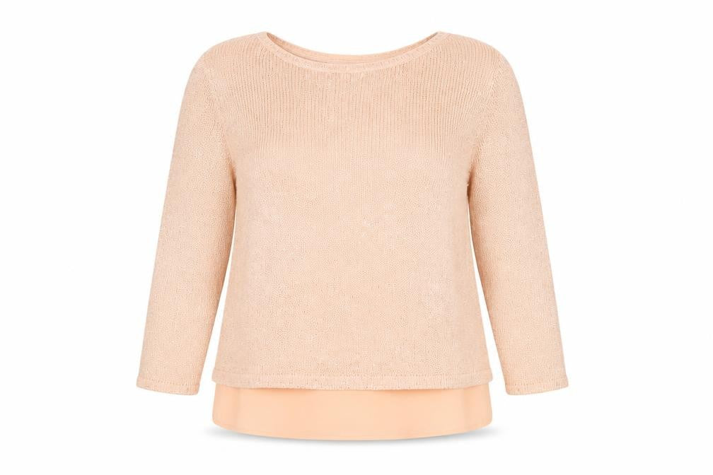 Front view of Monsoon Women's Peach Sequin 3/4 Sleeve Top, size 14