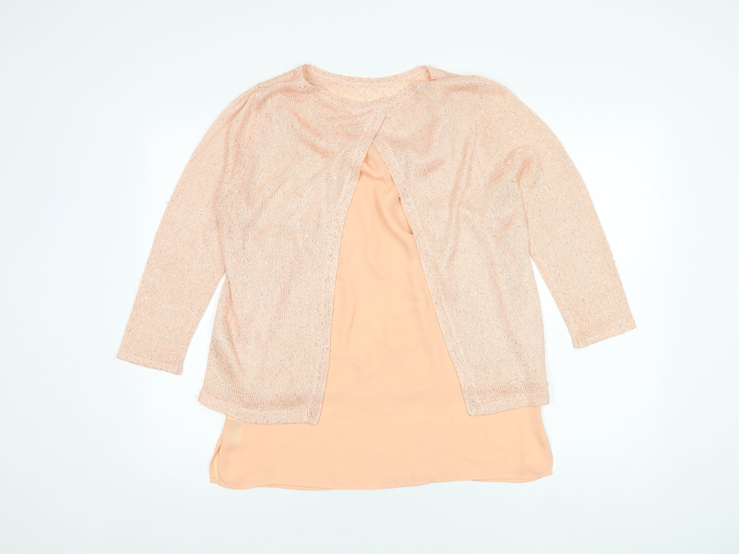 Monsoon Women's Peach Sequin 3/4 Sleeve Top Size 14