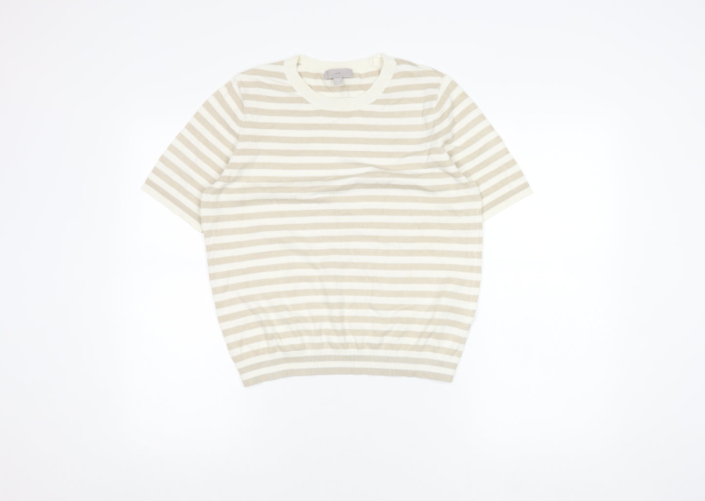 H&M Women's Beige Striped Short Sleeve Top Size 14