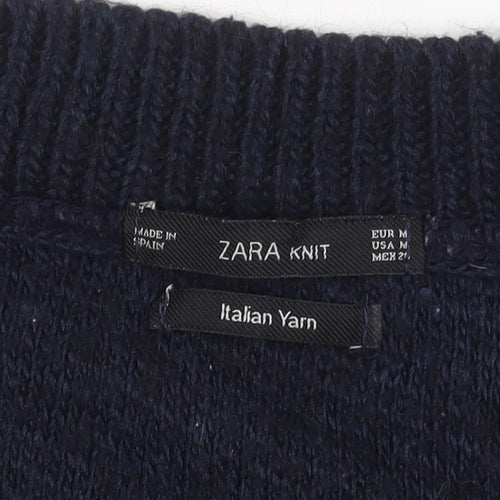 Zara Men's Blue V-Neck Jumper, Medium, Wool Blend