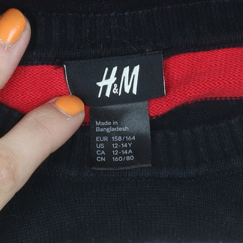 H&M Boys Striped Cotton Jumper - Black/Red, 12-13 Years