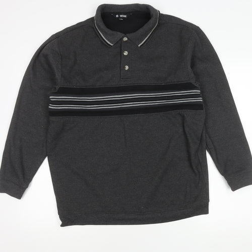 Vintage Men's Grey Striped Polo Shirt, L