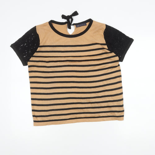 Marks and Spencer Women's Striped T-Shirt Black Beige 14