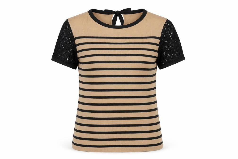 Marks and Spencer Women's Striped T-Shirt Black Beige 14