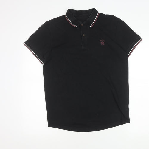 Men's Black Polo Shirt, Size M, Button-Down Collar