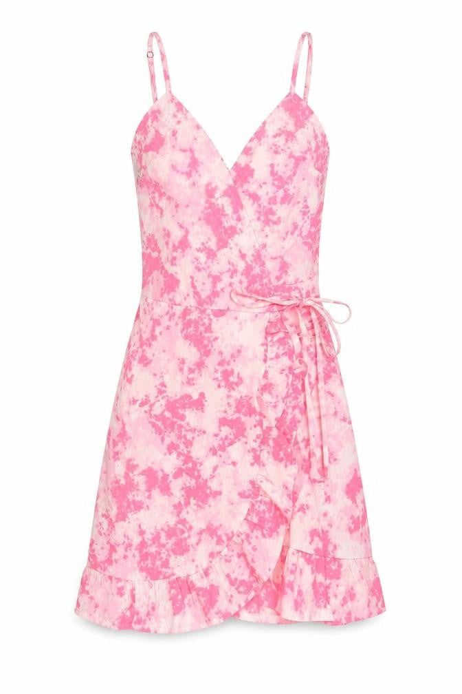 Front view of New Look Women's Pink Tie Dye Wrap Dress -, size S