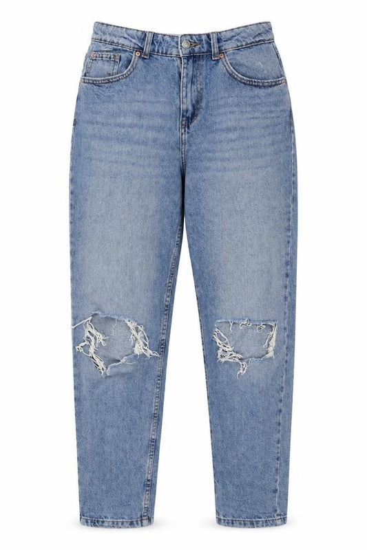 Front view of Denim Co. Women's Blue Distressed Mom Jeans, size 12