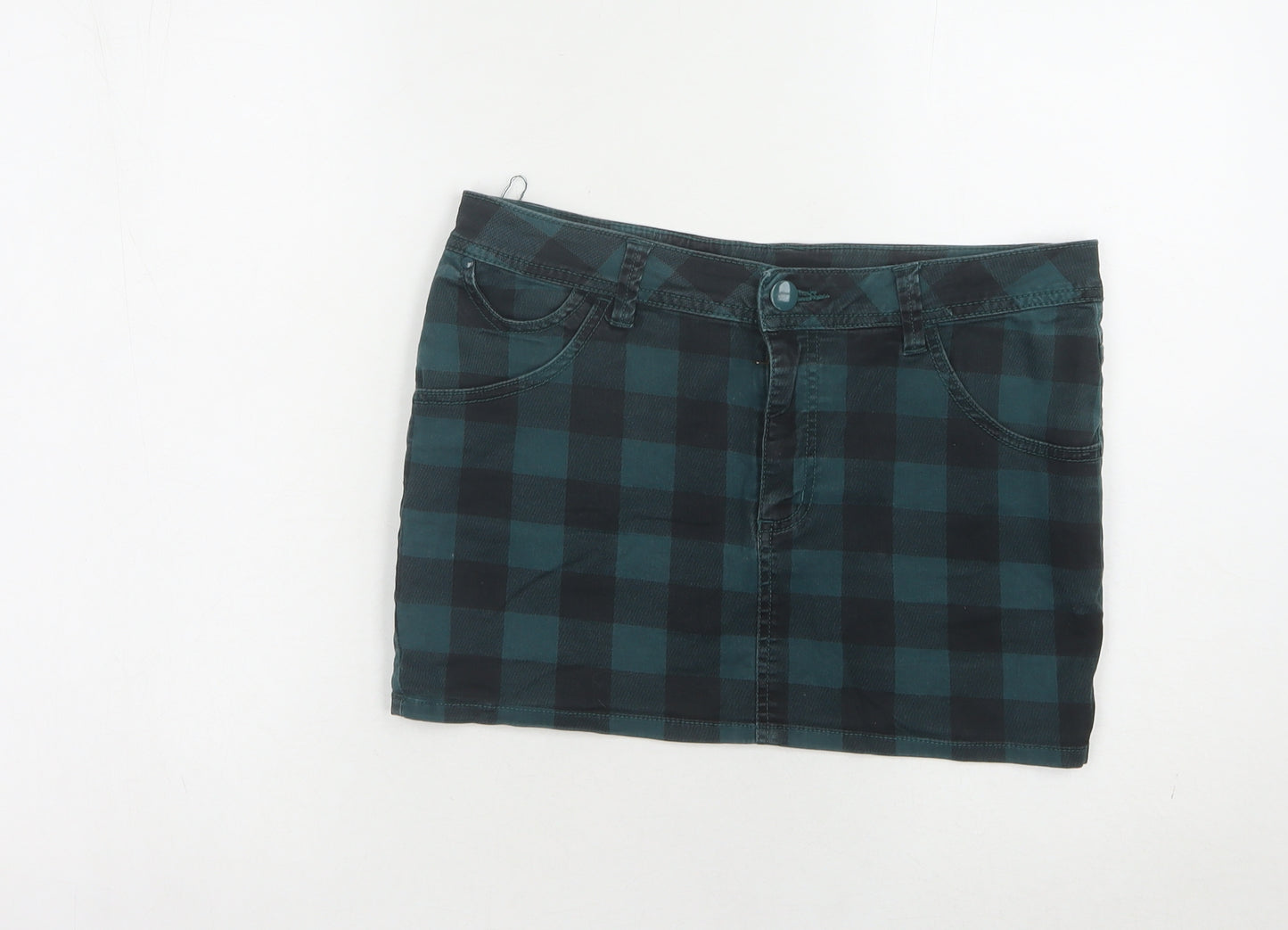 H&M Women's Green Check Denim Skirt Size 10