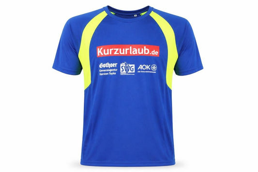 Front view of NATH Men's Blue Graphic Running T-Shirt, size M