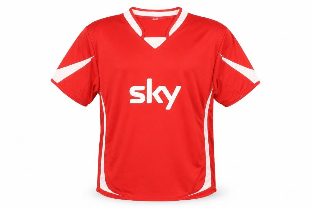 Front view of Men's Red Soccer Jersey T-Shirt, size M, Polyester