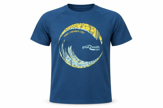 Front view of Great South Run Men's Blue Medium Graphic Running T-Shirt