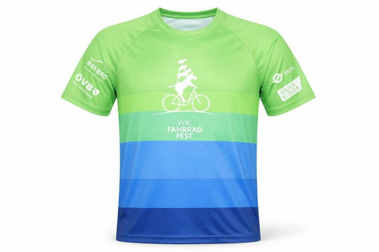 Front view of Pole Position unisex cycling t-shirt, s, green/blue