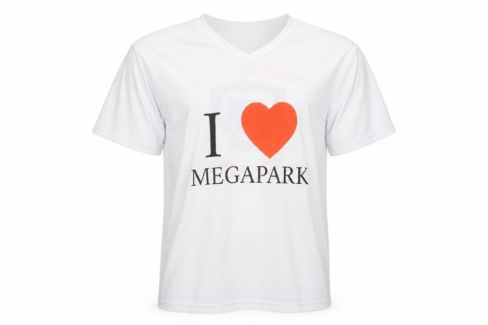 Front view of Mega Park unisex white t-shirt l party fun