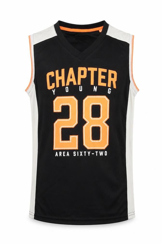 Front view of Chapter Young boys’ black tank top 12-14 years sleeveless jersey
