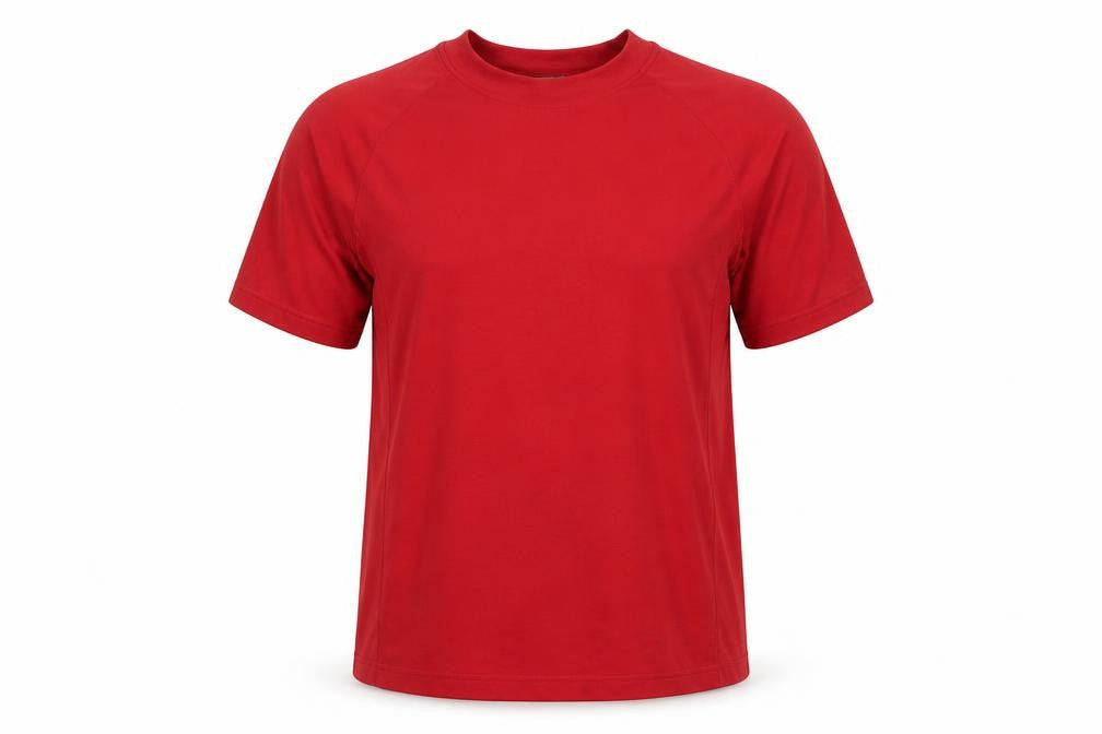 Front view of Rodeo unisex red t-shirt, size 20, for gym & running