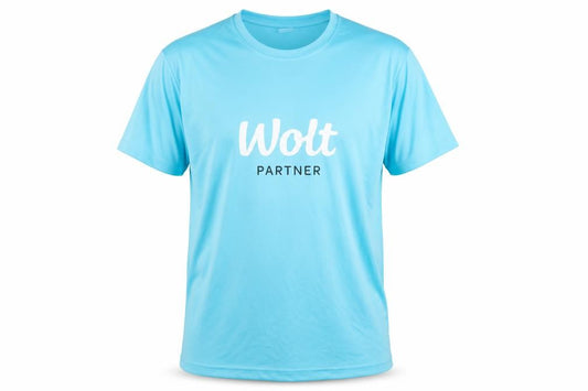 Front view of Wolt Men's Blue T-Shirt, Logo, size L, Activewear