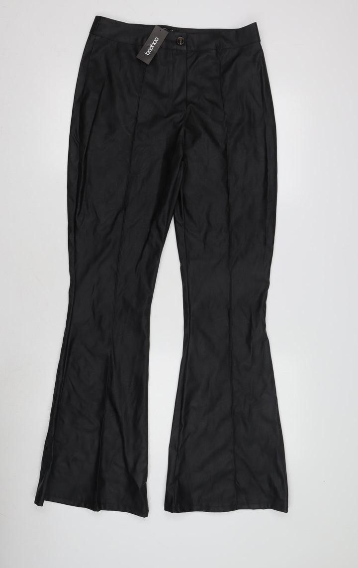 Boohoo Women's Black Flared Trousers, Size 12, Polyurethane