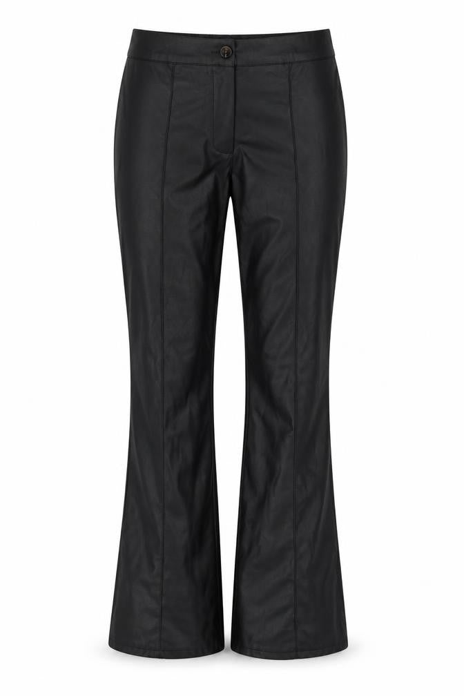 Front view of Boohoo Women's Black Flared Trousers, size 12, Polyurethane