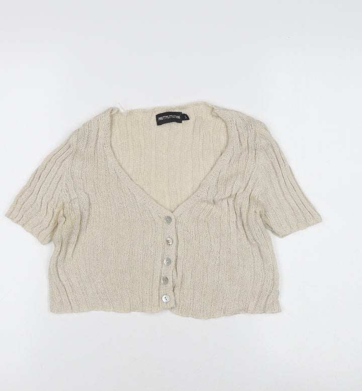 PrettyLittleThing Women's Beige Cardigan V-Neck Knit S