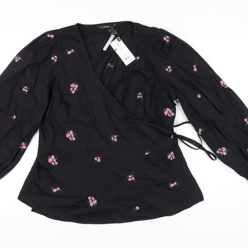 George Women's Black Wrap Blouse, Size 10, Floral Embroidery