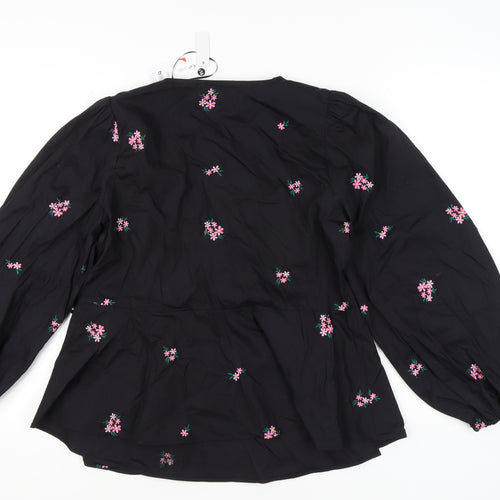 George Women's Black Wrap Blouse, Size 10, Floral Embroidery