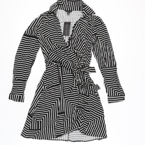 New Look Women's Black Striped Wrap Dress Size 8