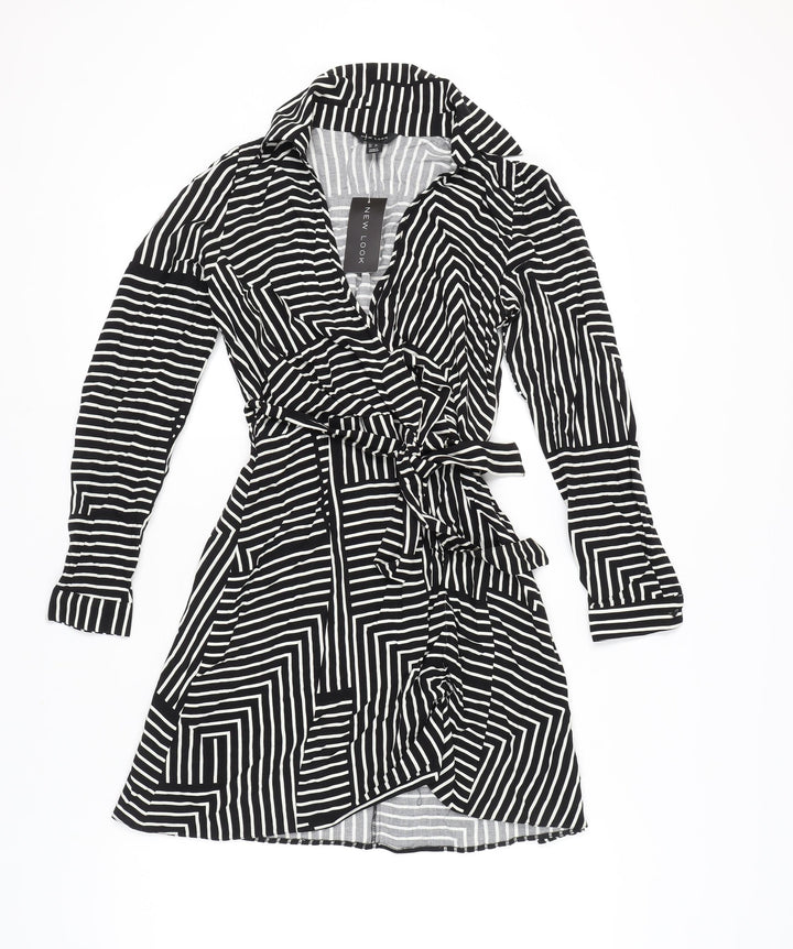 New Look Women's Black Striped Wrap Dress Size 8