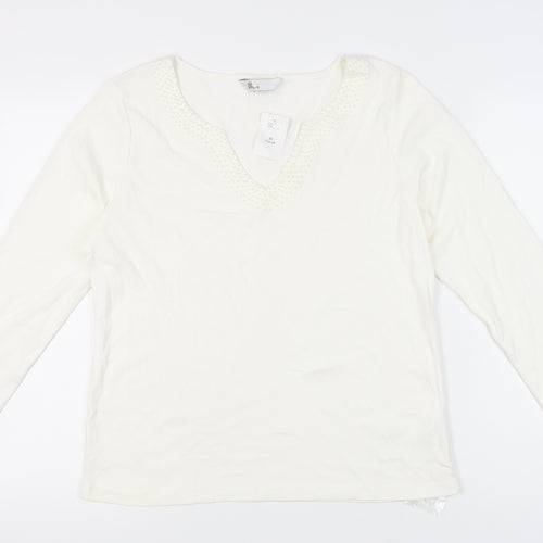 BHS Women's White V-Neck Beaded Cotton Top Size 20