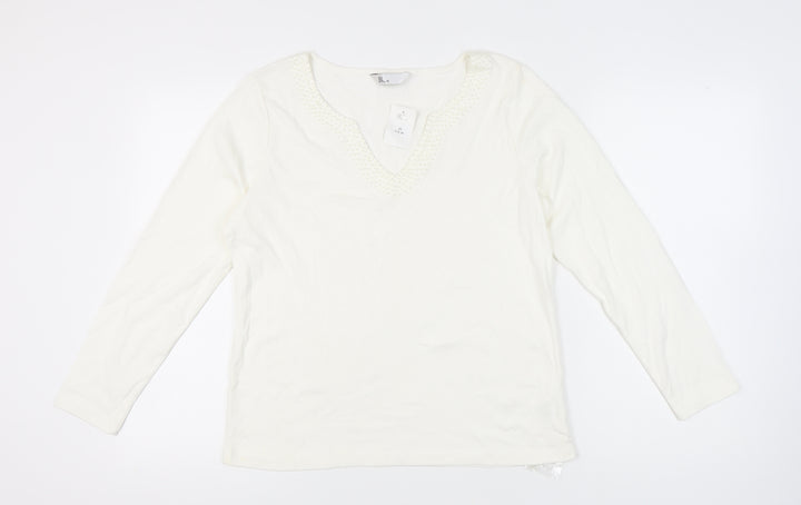 BHS Women's White V-Neck Beaded Cotton Top Size 20