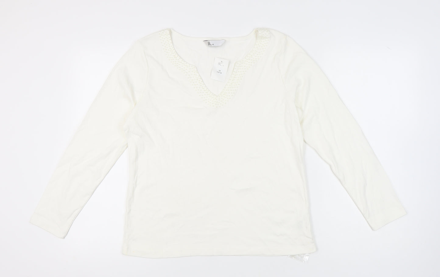 BHS Women's White V-Neck Beaded Cotton Top Size 20