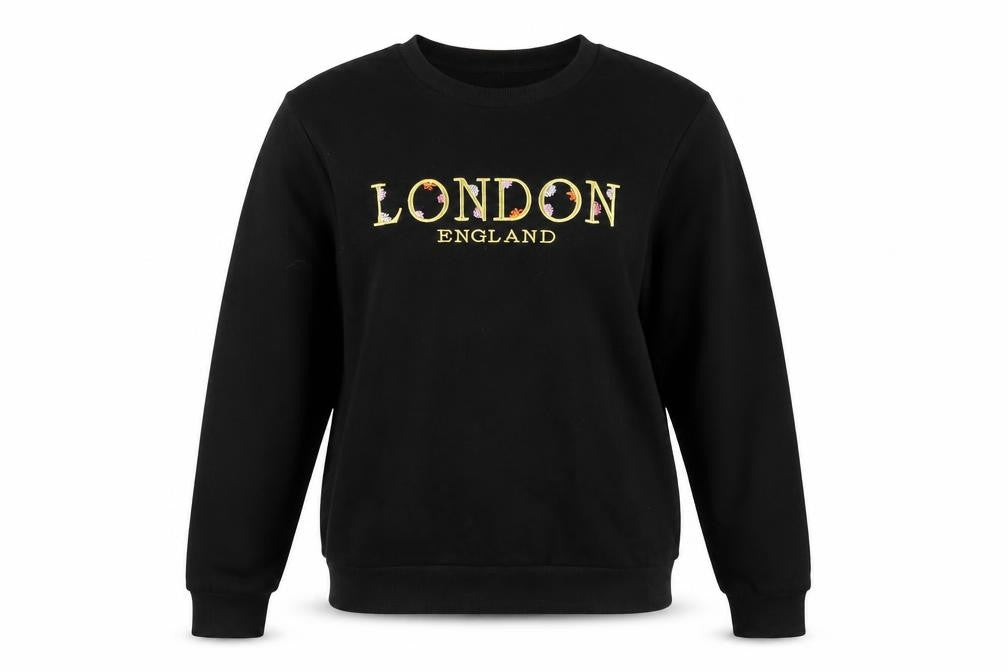 Front view of ASOS Women's Black Sweatshirt, UK 8, Lined, Logo, Casual