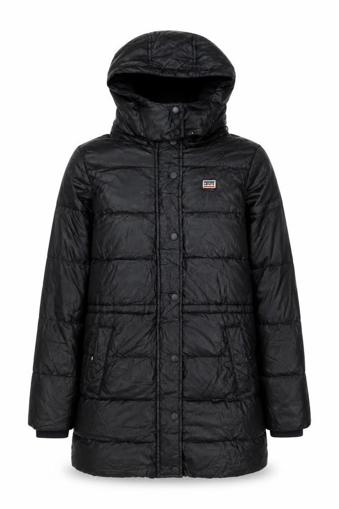 Front view of Levi's Women's Black XS Puffer Jacket with Hood