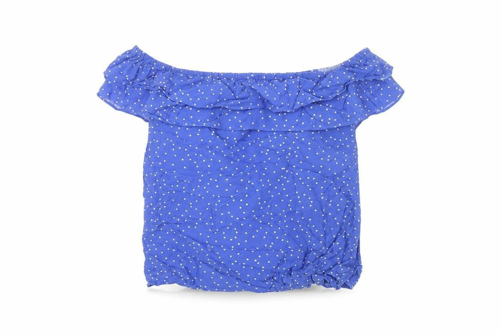 Front view of Oasis Women's Blue Polka Dot Off Shoulder Top, size 10