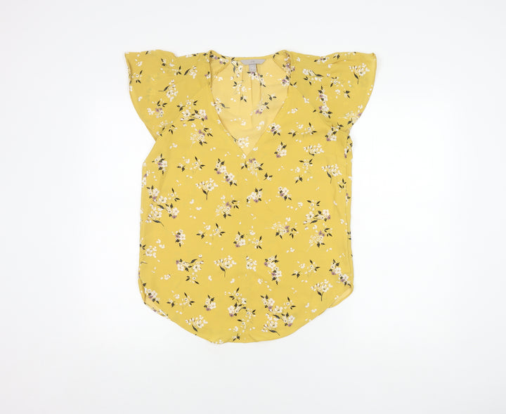 H&M Women's Yellow Floral Blouse Size 8 V-Neck