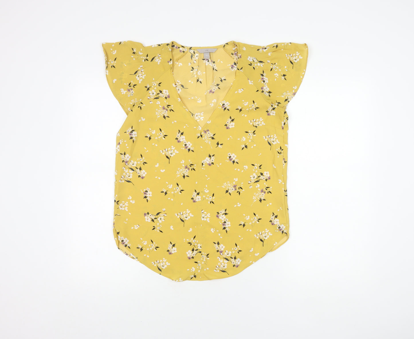 H&M Women's Yellow Floral Blouse Size 8 V-Neck